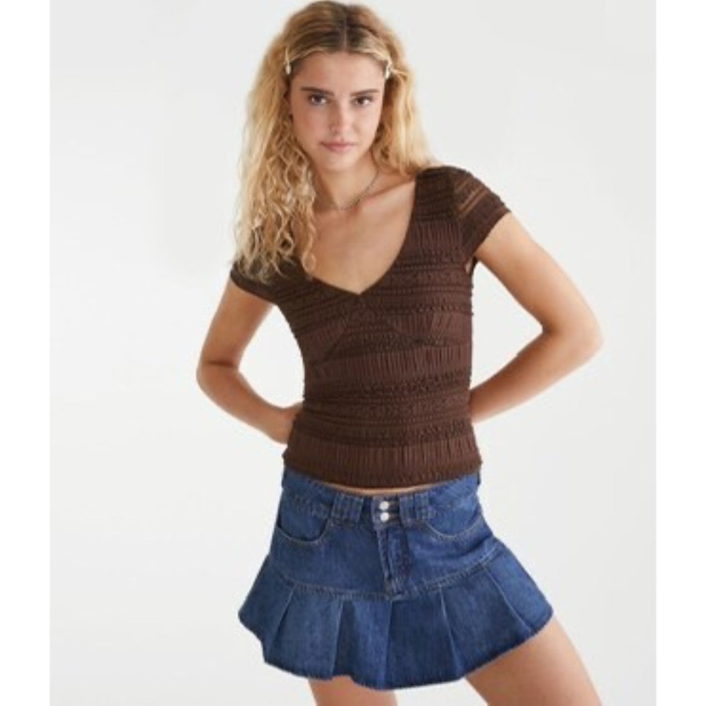 Aeropostale Babydoll Textured Lace V-Neck Top Women's Sz Large Jaspe Muted Ebony